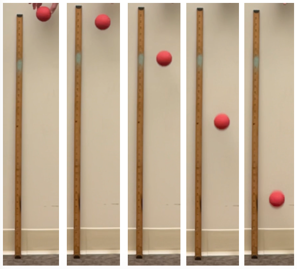 A sequence of frames from a video showing a ball in free fall. The vertical spacing between the ball's positions increases in each successive frame, illustrating downward acceleration.