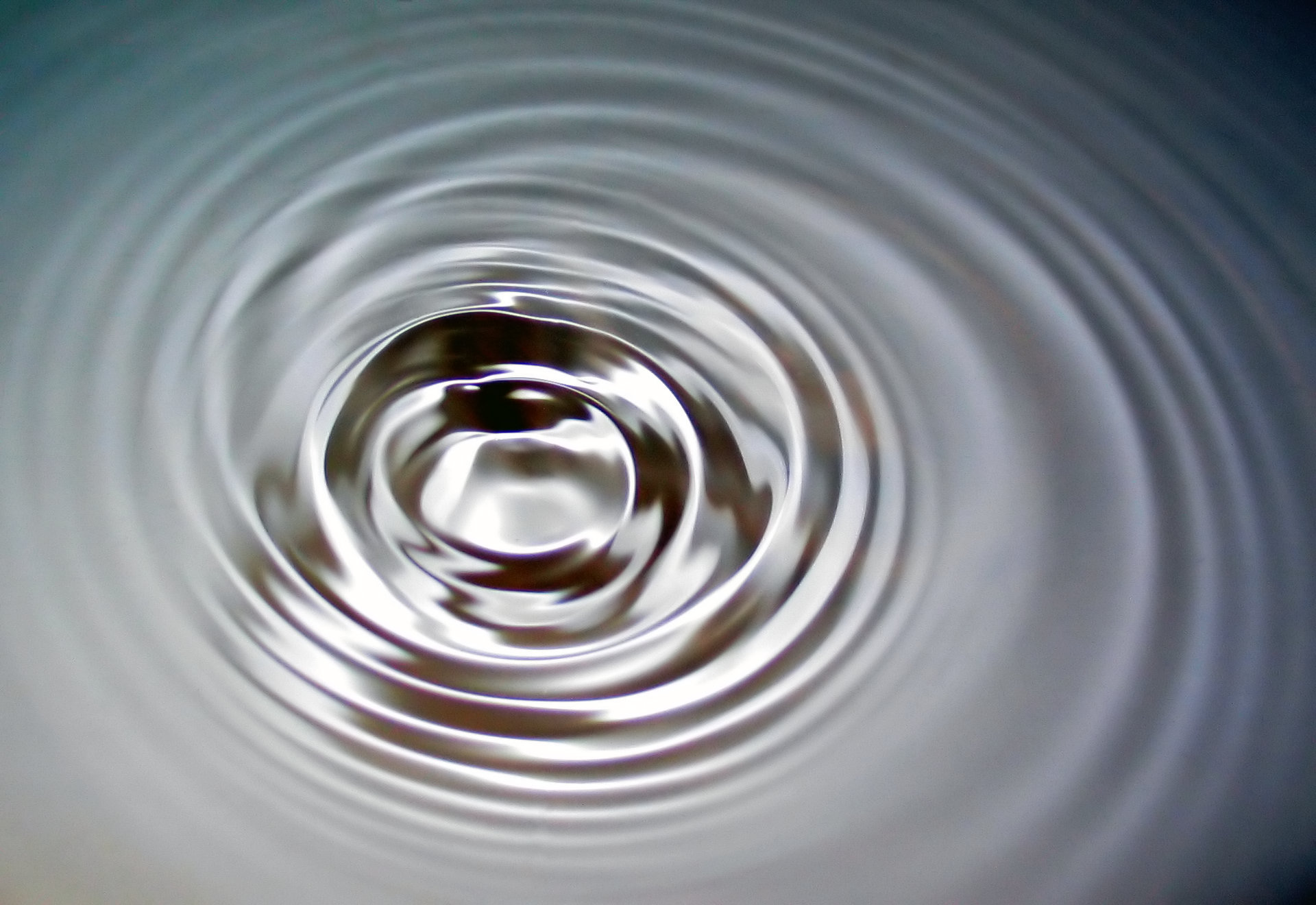 Photograph of ripples on the surface of still water, seen from above at an angle. A set of bright concentric rings spreads outward from a central disturbance, where a stick was briefly dipped into the water. The rings are sharp near the center and grow fainter farther out.